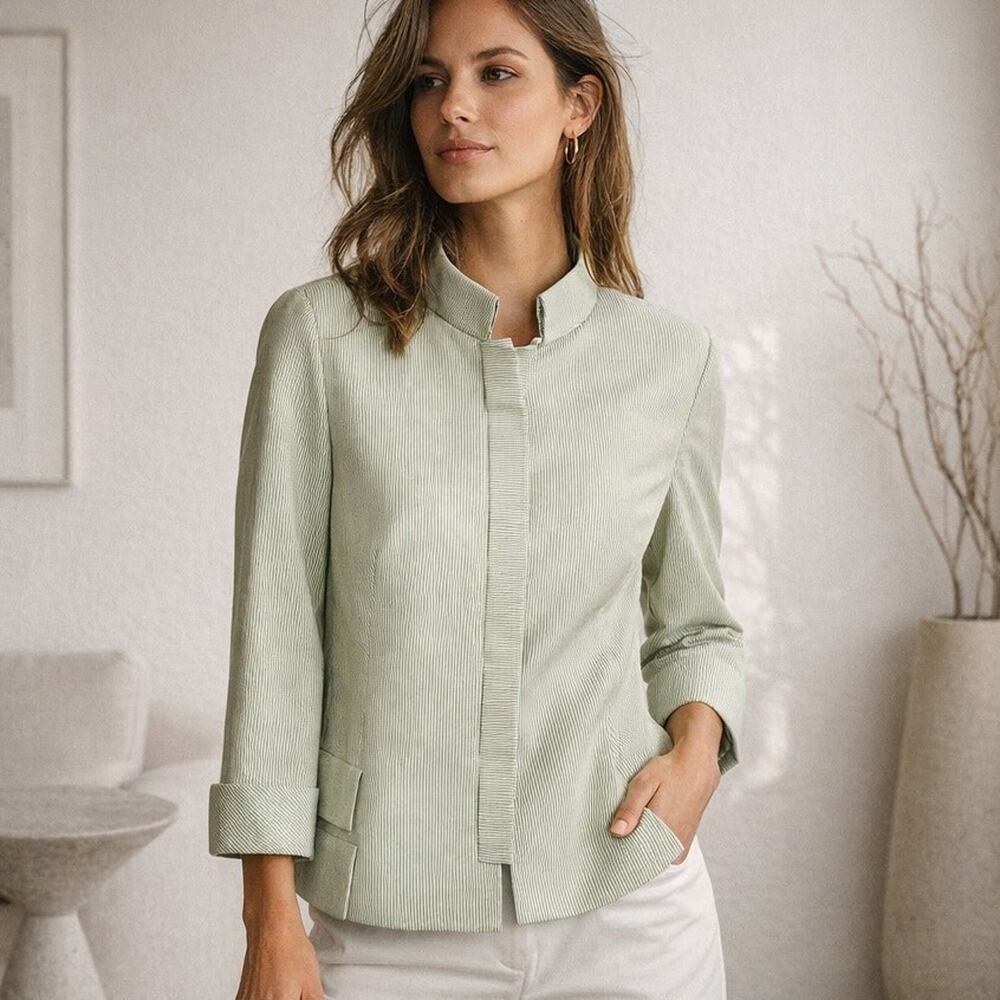 AKRIS Cashmere Silk Blazer Jacket Green White Striped Size 14US